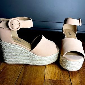 3.5 inch, blush nude, ankle-strapped wedges